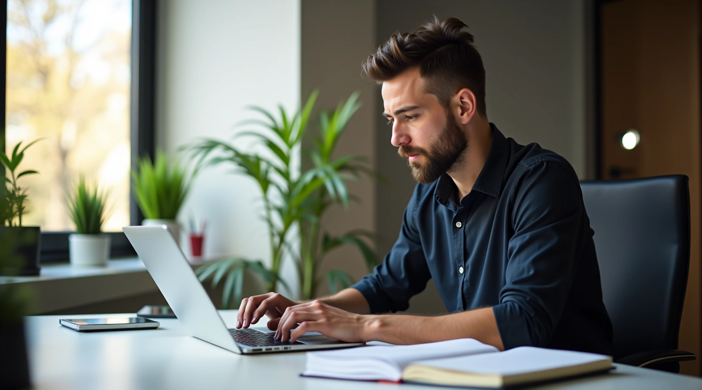 Espace de travail de journaliste pigiste avec ordinateur portable et documents