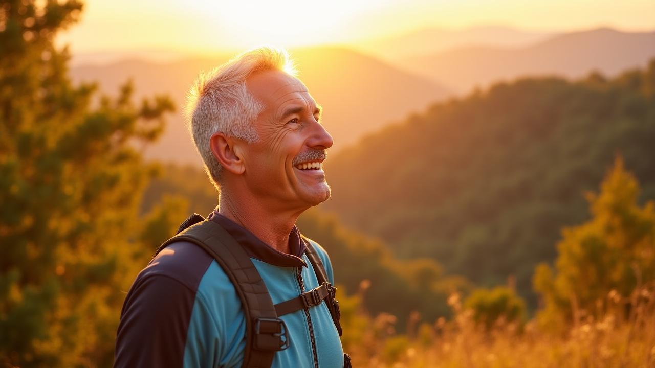 Active silver-haired man enjoying a sunrise hike in Georgia