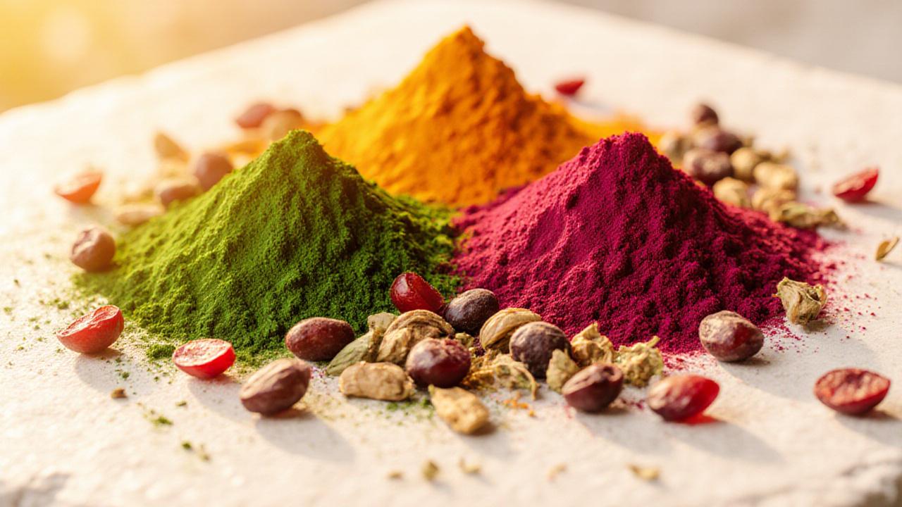 Vibrant organic superfood powders including spirulina and turmeric