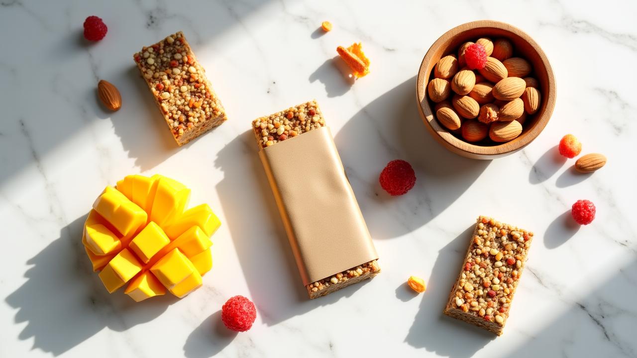 Artisanal vegan energy bars and organic nut mixes arranged beautifully on a rustic surface