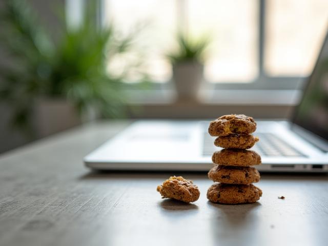A clean modern desk with a laptop and a pack of Oregano Earth snacks