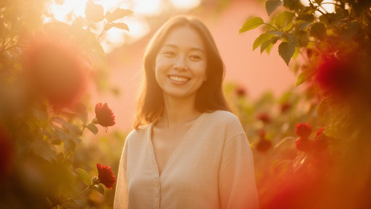 Woman in a calm, sun-drenched outdoor garden reflecting health and peace